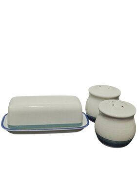 Pfaltzgraff Northwinds Salt Pepper Shakers & Butter Dish Set Blue Green USA ston